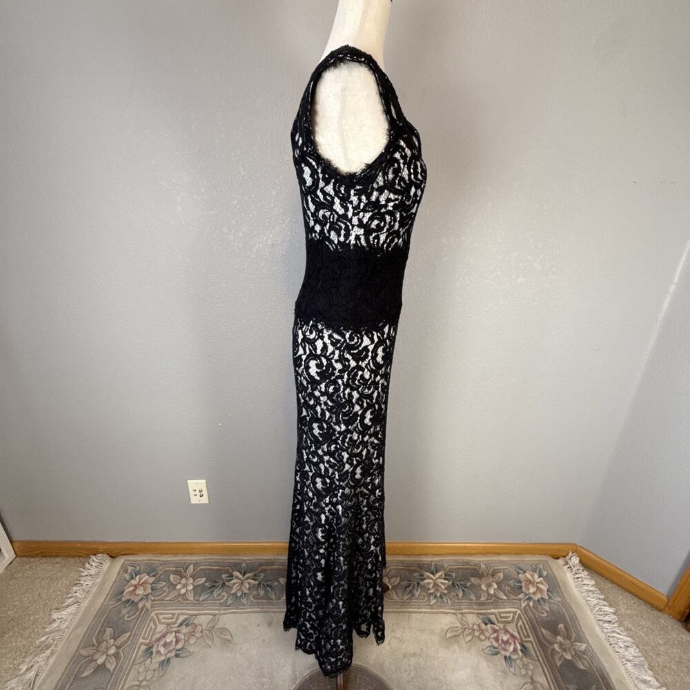 Tadashi Shoji Contrast Waist Black Lace Gown Maxi Dress Size 6 V-Neck Mermaid - Picture 6 of 10